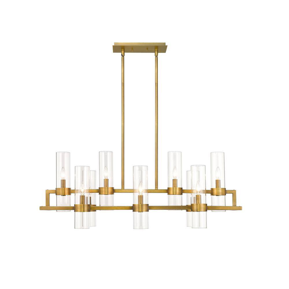 Datus 42.5" Rubbed Brass 10-Light Chandelier with Clear Glass Cylinders