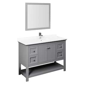 Manchester 48 in. W Bathroom Vanity in Gray with Quartz Stone Vanity Top in White with White Basin and Mirror
