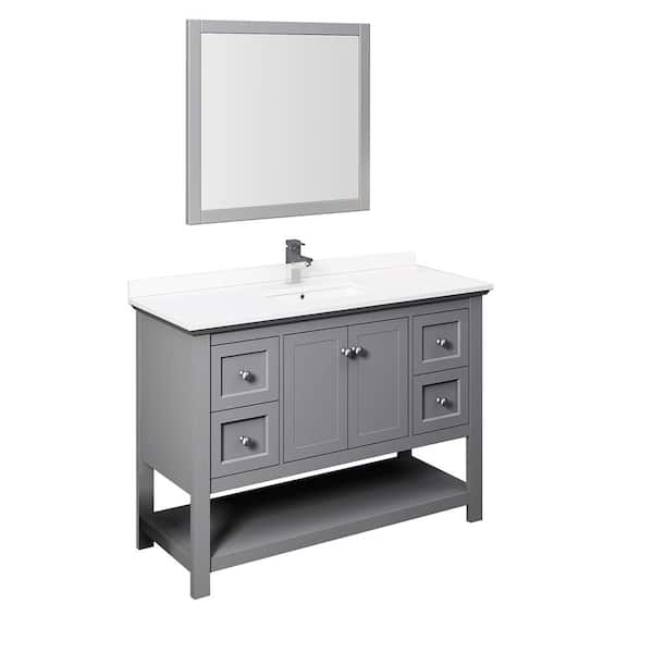 Fresca Manchester 48 in. W Bathroom Vanity in Gray with Quartz Stone Vanity Top in White with White Basin and Mirror