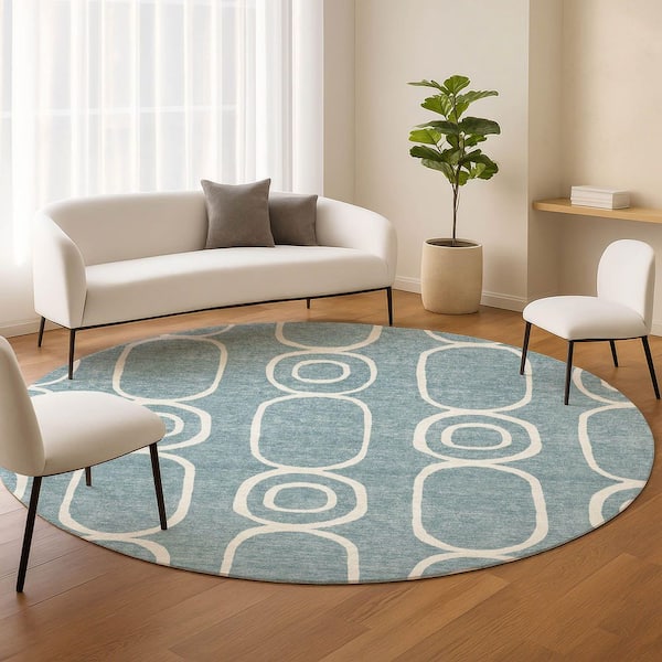 Chantille Machine Washable Indoor/Outdoor Abstract ACN2344 Aqua 8 ft. x 8 ft. Round Rug