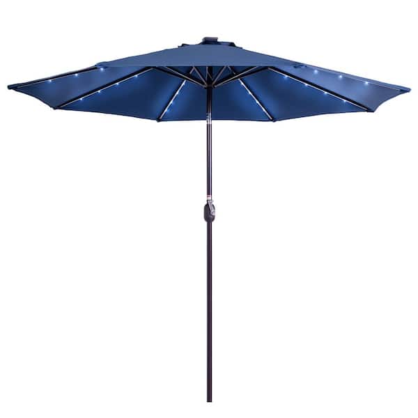 Wildaven Outdoor 9 ft. Powered 32 LED Lighted Table Market Umbrella Solar Tilt Patio Umbrella in Navy Crank and Push Button