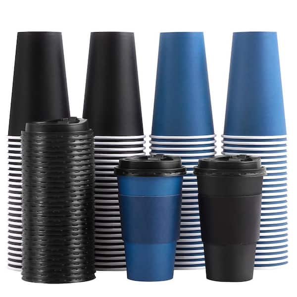 16 oz. Blue and Black Paper To-Go Coffee Mugs with Lids and Sleeves, Leak-Proof for Home Commercial Use (Set of 100)