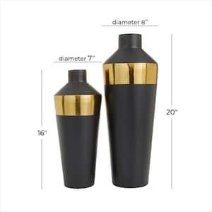 20 in., 16 in. Black Metal Decorative Vase with Gold Band (Set of 2)