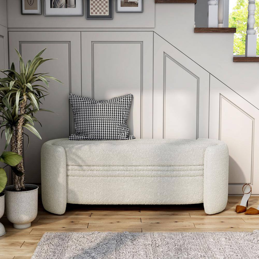 White Boucle Upholstered Storage Bench with Wood Frame