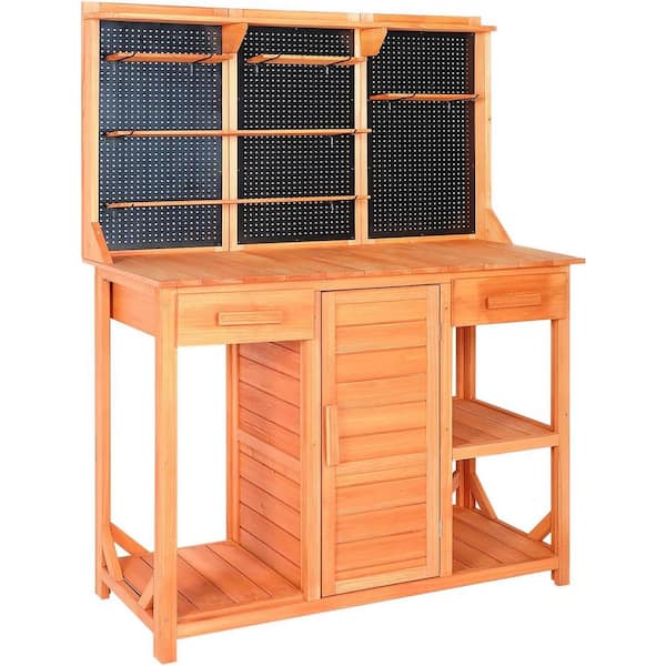45 in. x 49 in. x 14 in. Outdoor Potting Bench Table with Large Space Storage & Adjustable Shelf/Hooks in Brown