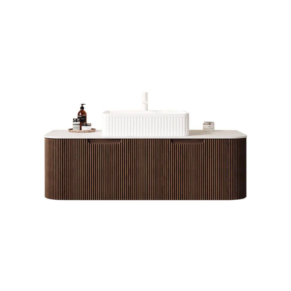 TCYO 48 in. Wall-Mounted Dark Walnut Bath Vanity with White Solid ...