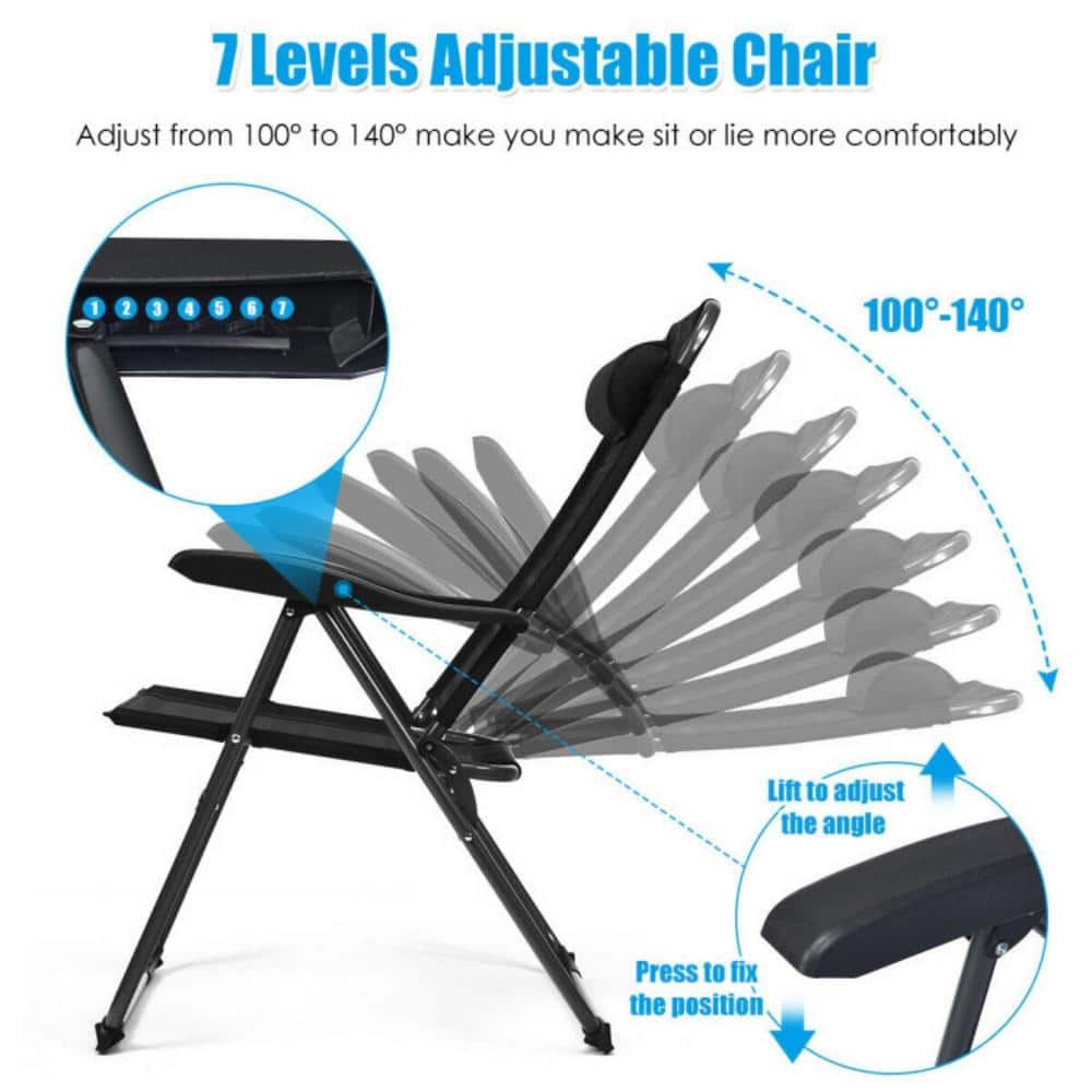 Black Adjustable Reclining Folding Patio Chairs with Headrests, Set of 4