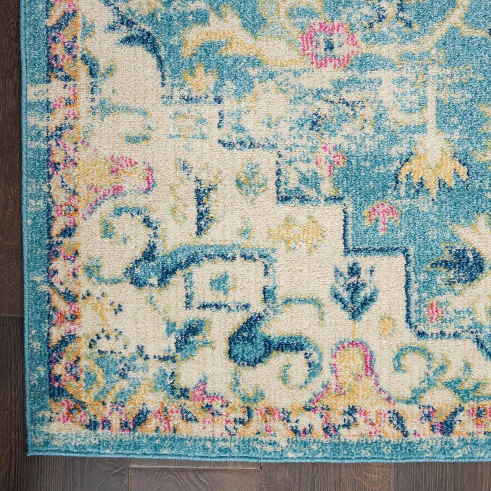 Ivory and Light Blue Floral Synthetic Runner Rug