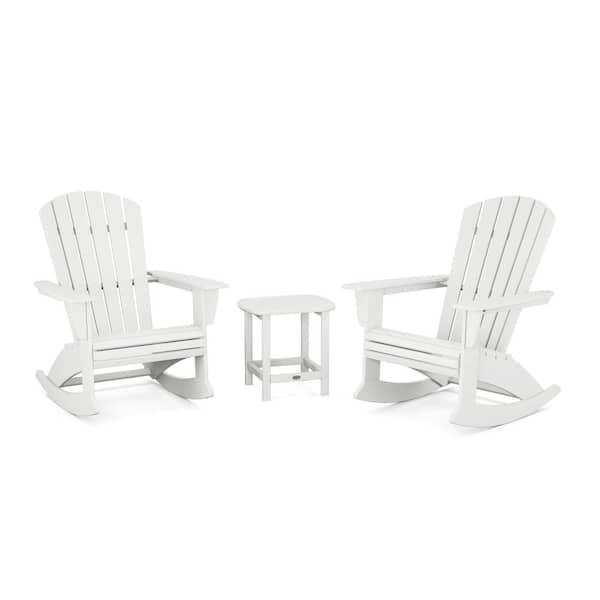 Nautical Curveback Adirondack Rocking Chair White 3-Piece HDPE Plastic Patio Conversation Set