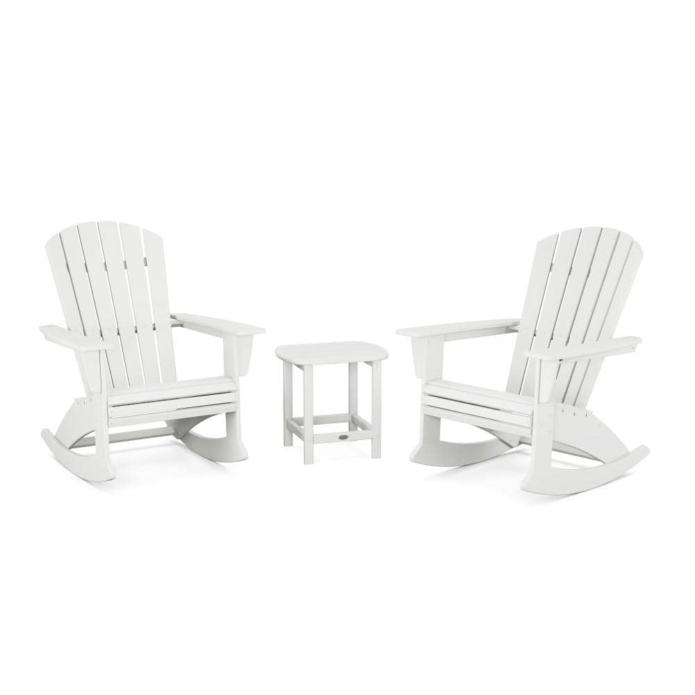 POLYWOOD Nautical Curveback Adirondack Rocking Chair White 3-Piece HDPE Plastic Patio Conversation Set -  PWS2204-1-WH