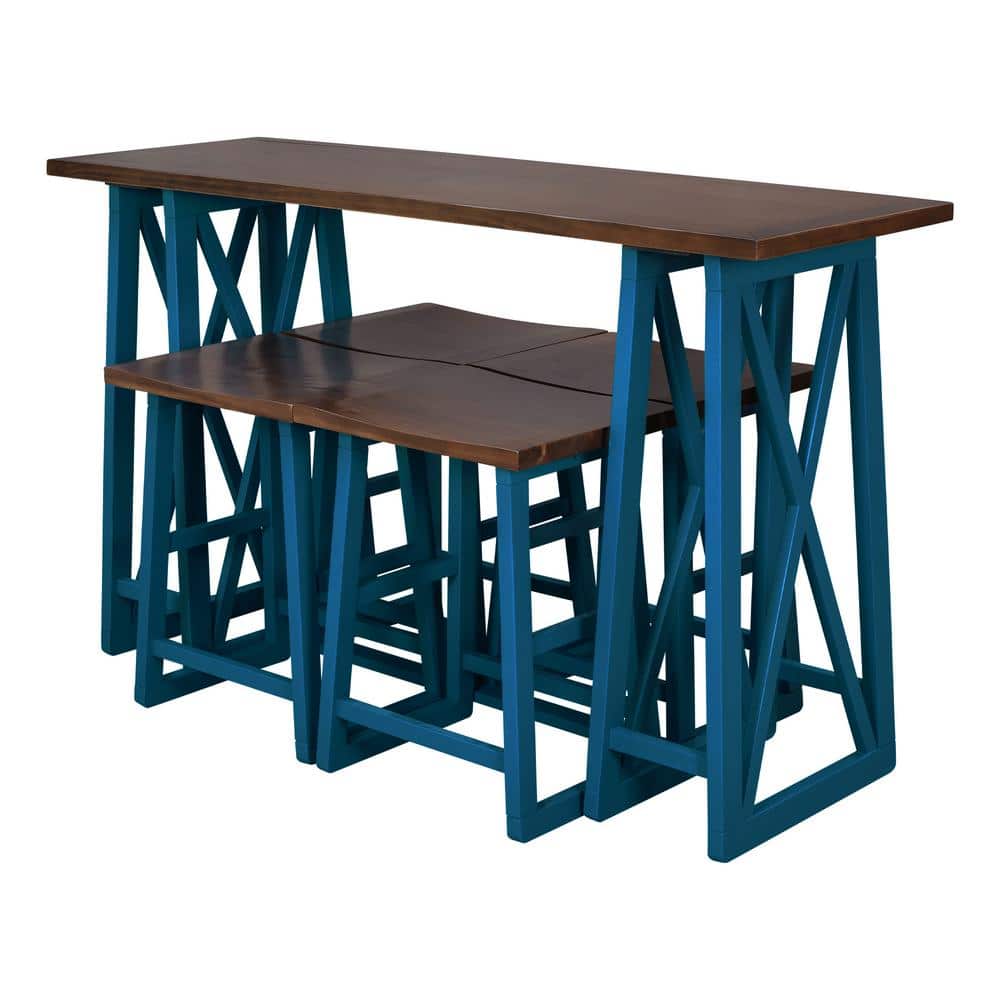 Blue 5-Piece Wood Outdoor Dining Set with 4 Stools