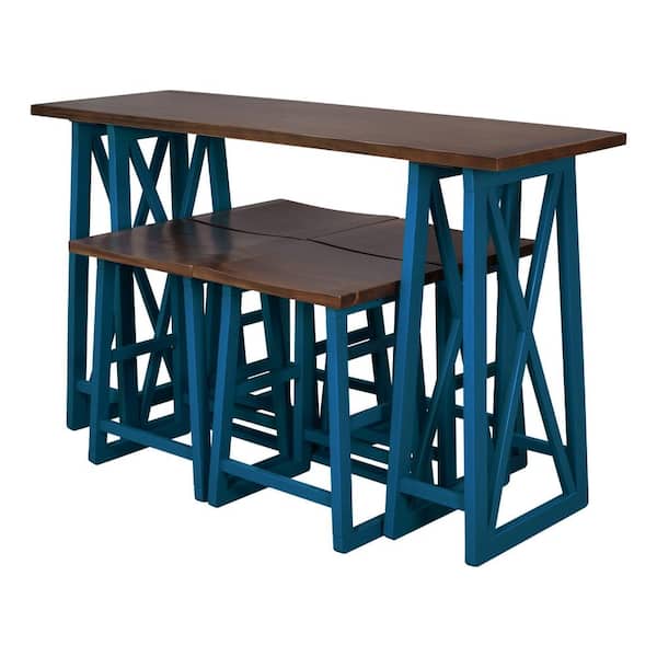 Unbranded Blue 5-Piece Wood Outdoor Dining Set with 4 Stools