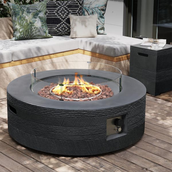 42 in. Round Magnesium Oxide Outdoor Fire Pit Table with Tank Cover, Wind Guard and Rain Cover in Dark Gray
