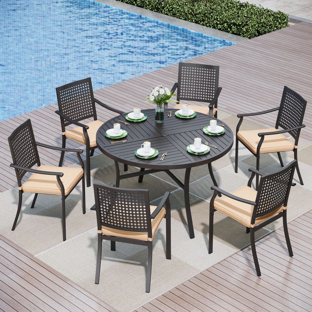 7-Piece Metal Patio Outdoor Dining Set with Round Table and Metal Chairs with Beige Cushions price history on PriceWatchPro