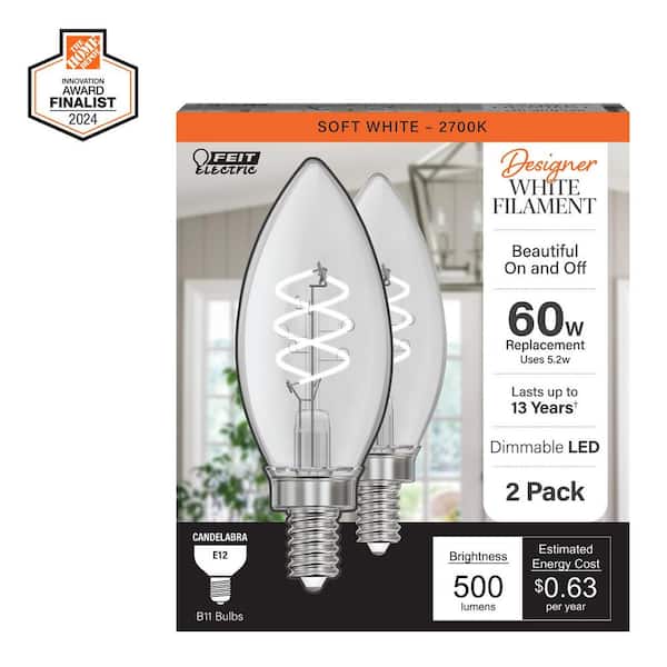 60-Watt Equivalent B10 Double Spiral White Thin Filament Clear E12 Candelabra LED Light Bulb, Soft White 2700K (2-Pack)