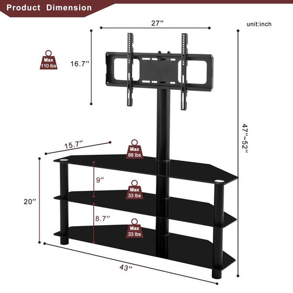 Tatahance 43.3 in. Black Multi-Function TV Stand with Height Adjustable Bracket Swivel 3-Tier