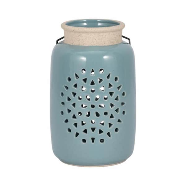 Liv & Skye 9 in. Blue Ceramic Flower Cut-Out Lantern