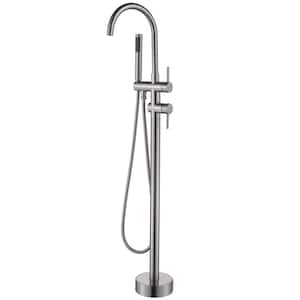 Double-Handles Freestanding Bathtub Floor Mount Bathroom Faucet with Handheld Shower in Brushed Nickel