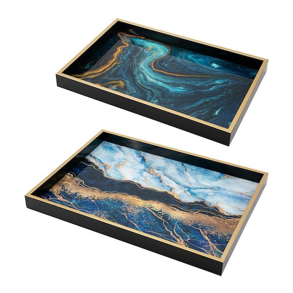 Benjara Blue and Gold Decorative Tray (Set of 2)