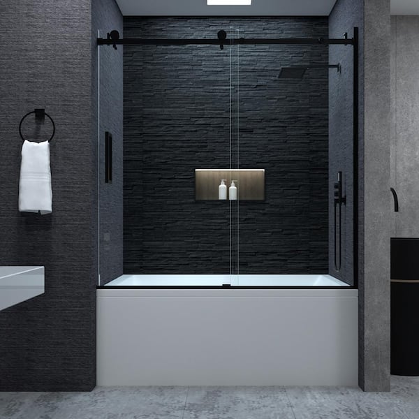 60 in. W x 60 in. H Single Sliding Tub Door in Matte Black with Clear Glass