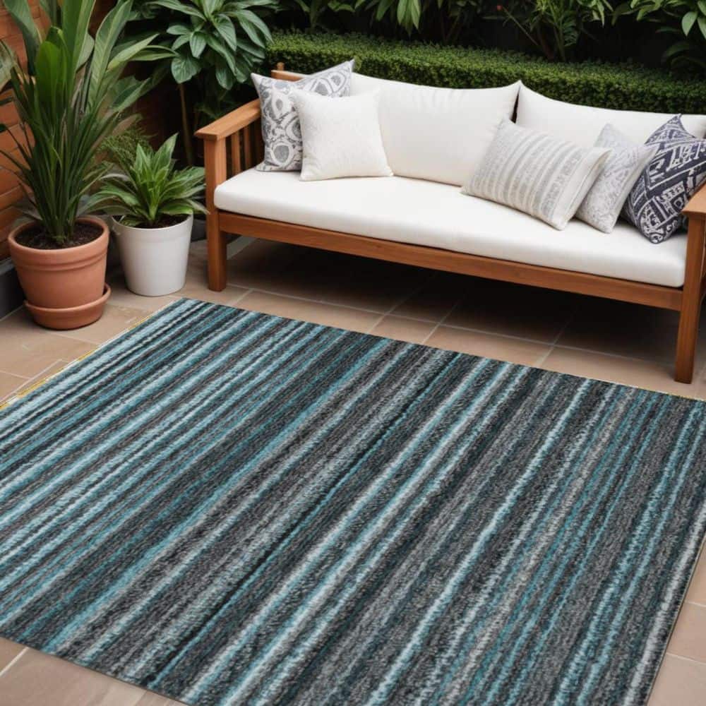 Teal Blue, Sky Blue, Gray 10 ft. x 14 ft. Woven Striped Polyester Rectangle Indoor / Outdoor Area Rug price history on PriceWatchPro
