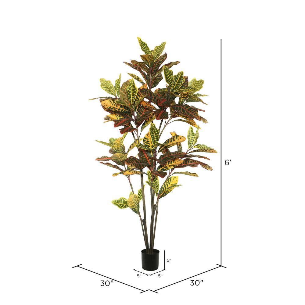 6' Green and Orange Faux Croton Tree in Black Planter