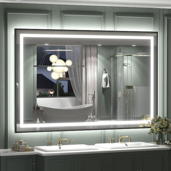 57 in. W x 36 in. H Rectangular Framed Front and Back LED Lighted Anti-Fog Wall Bathroom Vanity Mirror in Tempered Glass