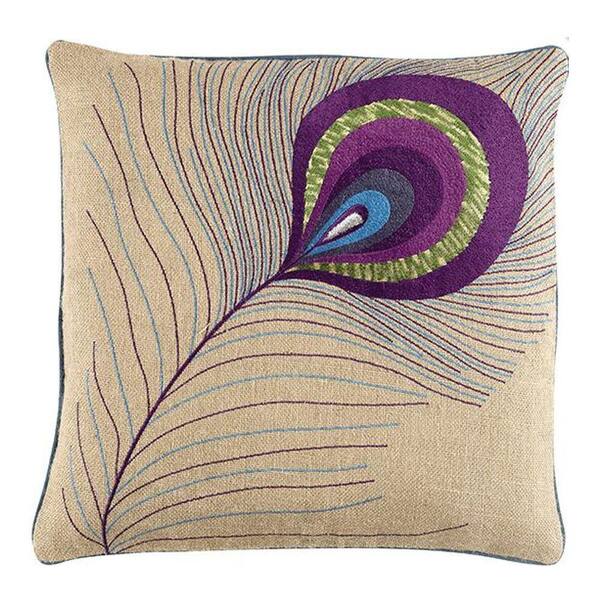 Unbranded Peacock Feather 18 in. Square Natural Burlap Pillow