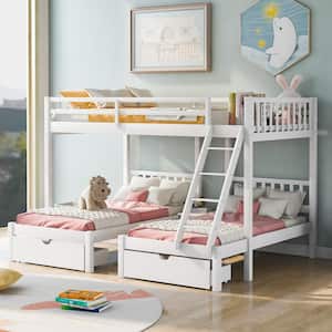 White Full Over Twin and Twin Triple Bunk Bed with Drawers and Desk