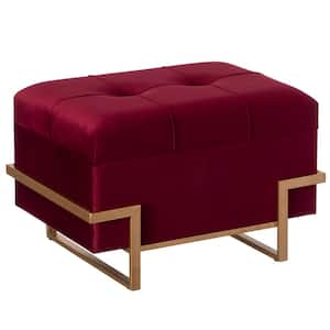 Red Small Rectangle Velvet Storage Ottoman Stool Box with Abstract Golden Legs, Decorative Sitting Bench