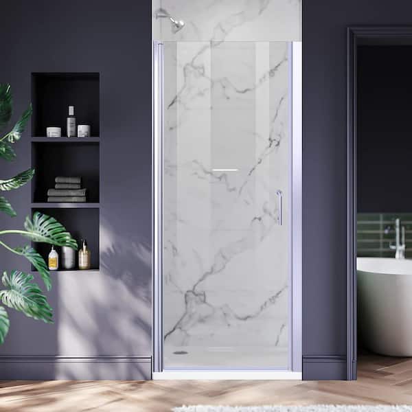 ANGELES HOME 32-33 3/8 in. W x 72 in. H Pivot Semi-Frameless Shower Door in Chrome Swing Corner Shower Panel with Clear Glass, Handle