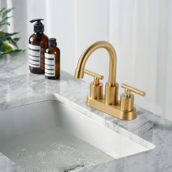 4 in. Centerset Double Handle High Arc Bathroom Faucet with Drain Kit Included in Gold