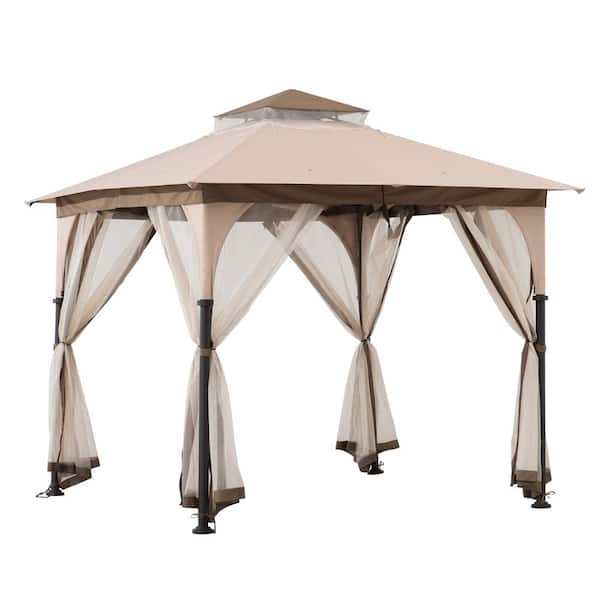 Sunjoy Gianna 9.5. ft. x 9.5 ft. Tan and Brown 2-Tone Steel Gazebo with Mosquito Netting