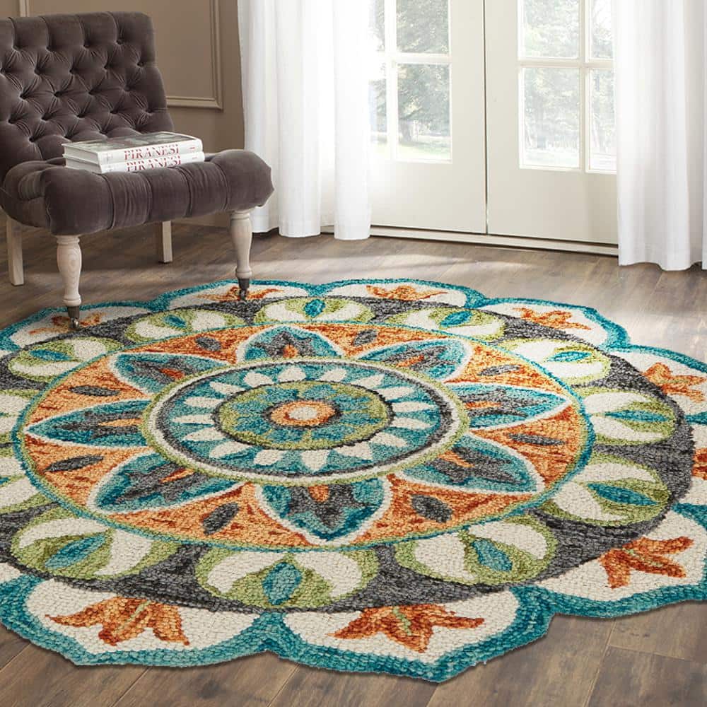 Blitz 5' Round Ivory Wool Floral Medallion Area Rug