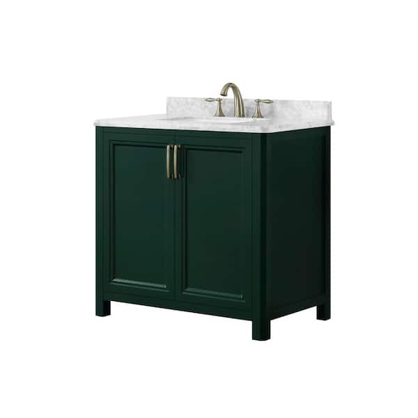 Home Decorators Collection Sandon 36 In W X 22 D Bath Vanity Emerald Green With Marble Top Carrara White Basin 36eg The Depot - Green Bathroom Sink Vanities