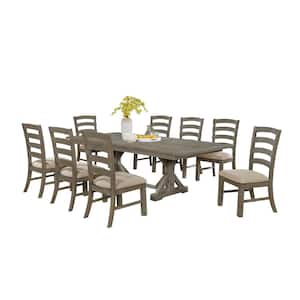 Linda 9-Piece Rectangular Wood Top and Rustic Gray Dining Table Set w/Beige Linen Fabric Chairs