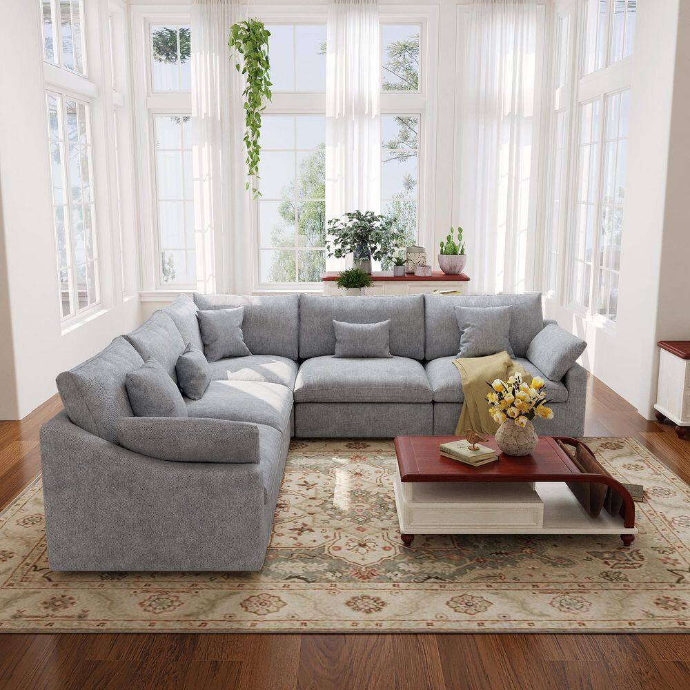 119.3 in. Slope Arm 5-Piece Linen Down Feather Modular Free Combination Sofa with Removable Covers in Gray
