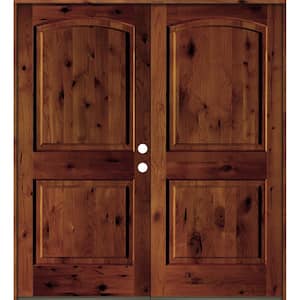 60 in. x 80 in. Rustic Knotty Alder 2-Panel Arch Top Red Chestnut Stain Left-Hand Wood Double Prehung Front Door