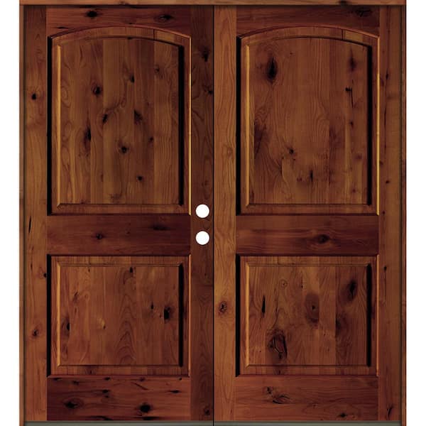 60 in. x 80 in. Rustic Knotty Alder 2-Panel Arch Top Red Chestnut Stain Left-Hand Wood Double Prehung Front Door