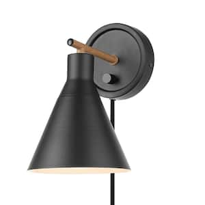 Tristan 4.8 in. Matte Black Plug-In or Hardwire Sconce with Faux Walnut Accent, Black Fabric Cord