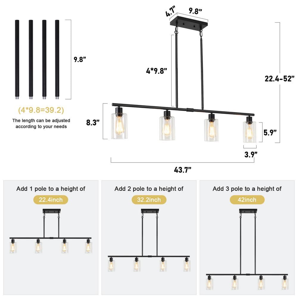 Black Metal and Clear Glass 4-Light Linear Pendant