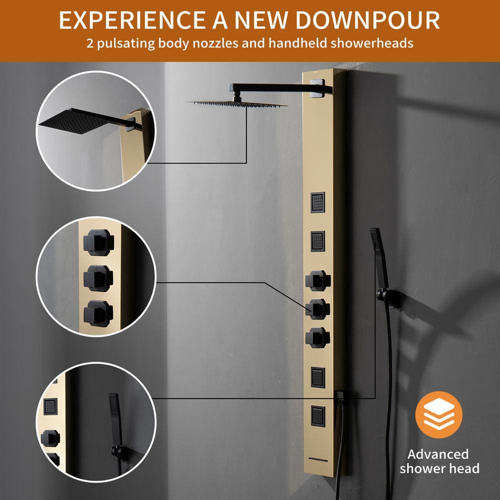 55'' Black and Gold Stainless Steel Shower Panel System