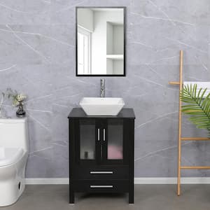 24 in. W x 20 in. D x 32 in. H Single Sink Bath Vanity in Black with Ceramic Vessel Sink Top Chrome Faucet and Mirror