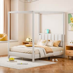 Beige Wood Frame Full Canvas Upholstered Canopy Bed with USB, Type-C Ports, Center Support Legs, 2-Side Storage Pockets