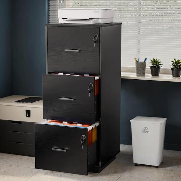 3-Drawer Black Wood 15.35 in. W Vertical File Cabinet