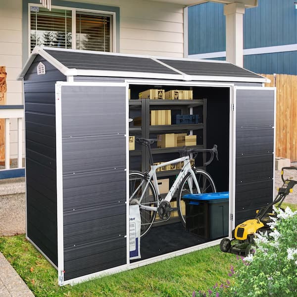 4 x 8 ft. Resin Outdoor Storage Shed with 2-Window and Double-Door,Plastic Shed with Floor for Patio,Black (30sq. ft.)
