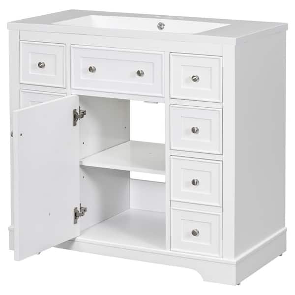 cadeninc 36 in. W x 18 in. D x 35 in. H White Bathroom Vanity with Single Sink,Ceramic Top, 1-Cabinet and 4-Drawers