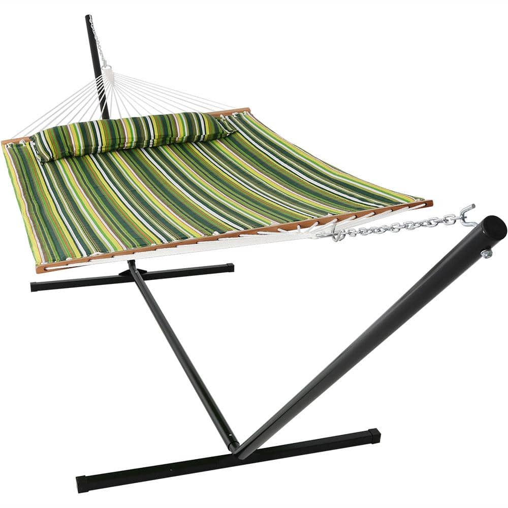 Green Quilted Fabric Hammock with Heavy-Duty Steel Stand