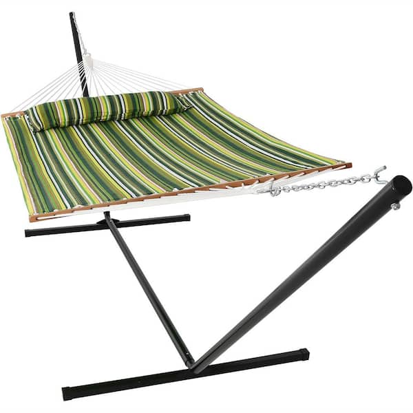 Sunnydaze 10-1/2 ft. Quilted Fabric Hammock with 15 ft. Hammock Stand in Melon Stripe