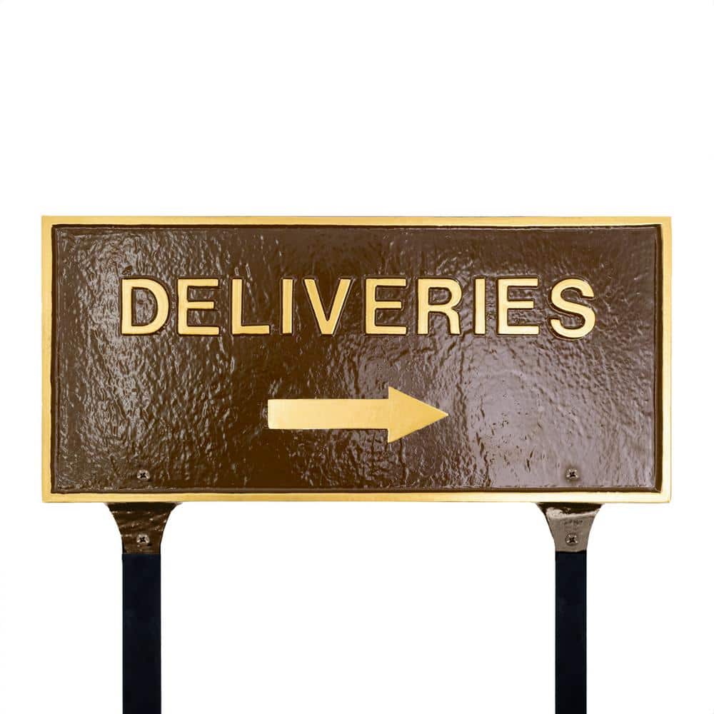 "10"" x 21"" Deliveries with Right Arrow Large Rectangle Statement Plaque with Lawn Stakes - Oil Rubbed/Gold" product image for price tracking